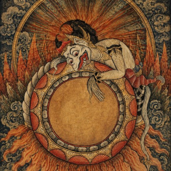 峇里風格繪畫，羅睺（Rahu）張口吞噬圓盤，象徵日月蝕；用於 2026 年 8 月 24 日至 30 日本週星象文章